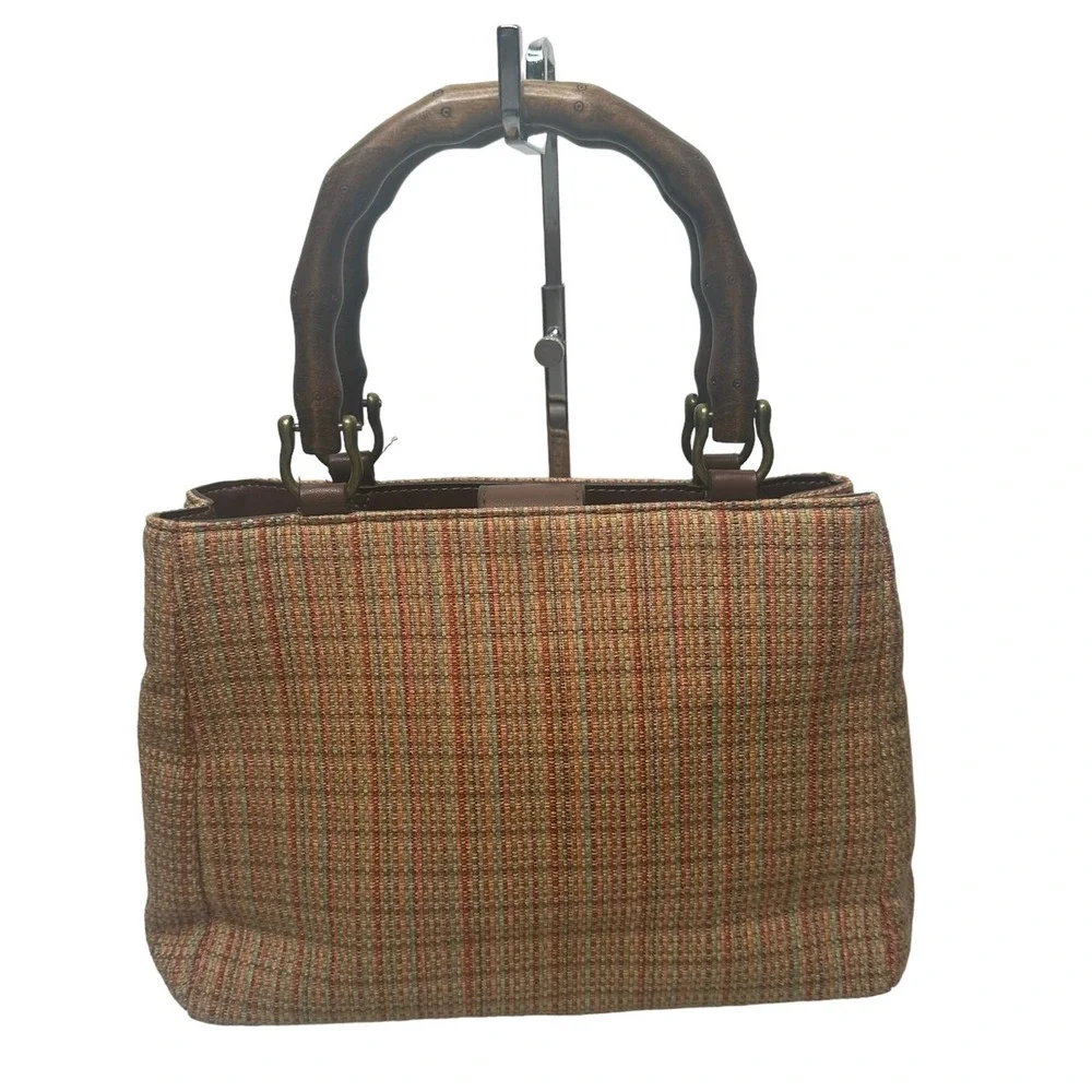 Fossil Purse Bamboo Handle Woven Fabric 3 pocket Handbag 11‎ x 4 x 8
